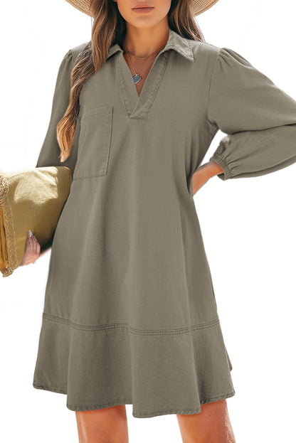 Vineyard Green V Neck Collared Single Chest Pocket Long Sleeve Denim Dress