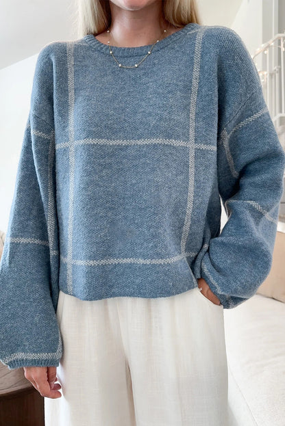Dusk Blue Classic Plaid Drop Shoulder Loose Sweater
