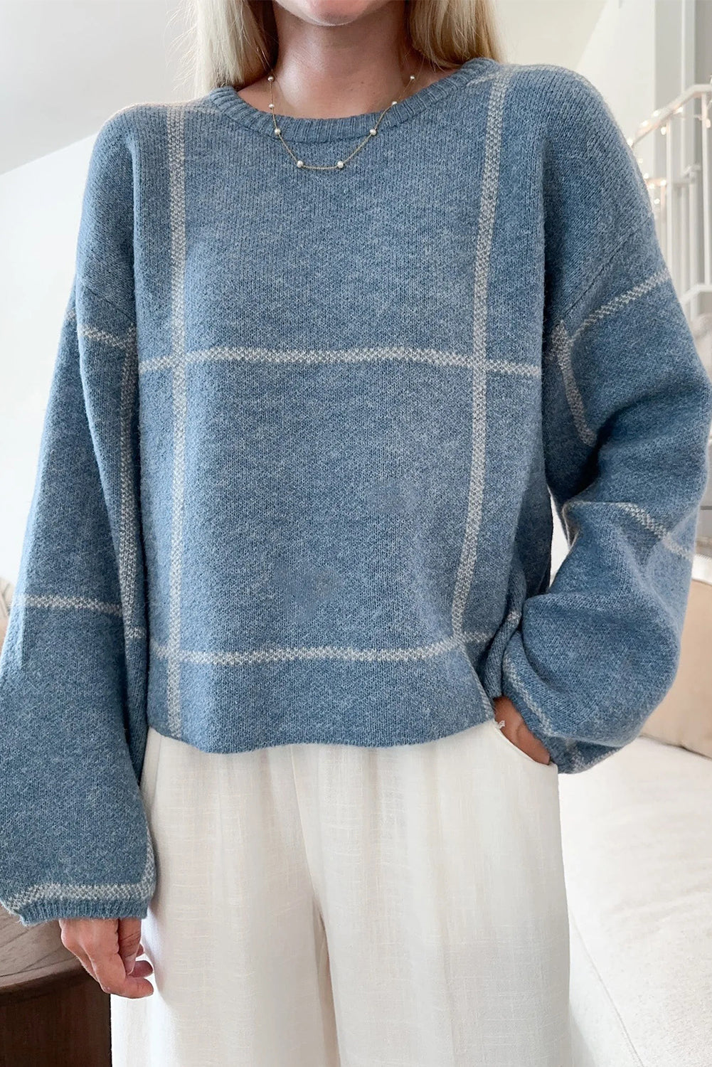 Dusk Blue Classic Plaid Drop Shoulder Loose Sweater