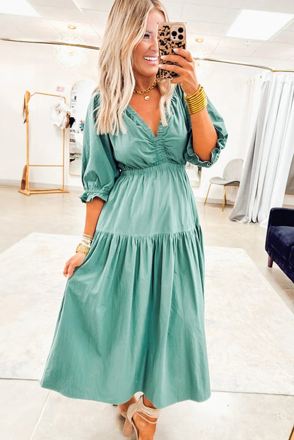 Canton V Neck Frilled Puff Sleeve Cinched Waist Flared Long Dress