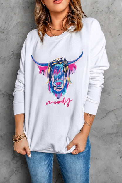 Highland Heifer Print White Sweatshirt for Western Style Fans