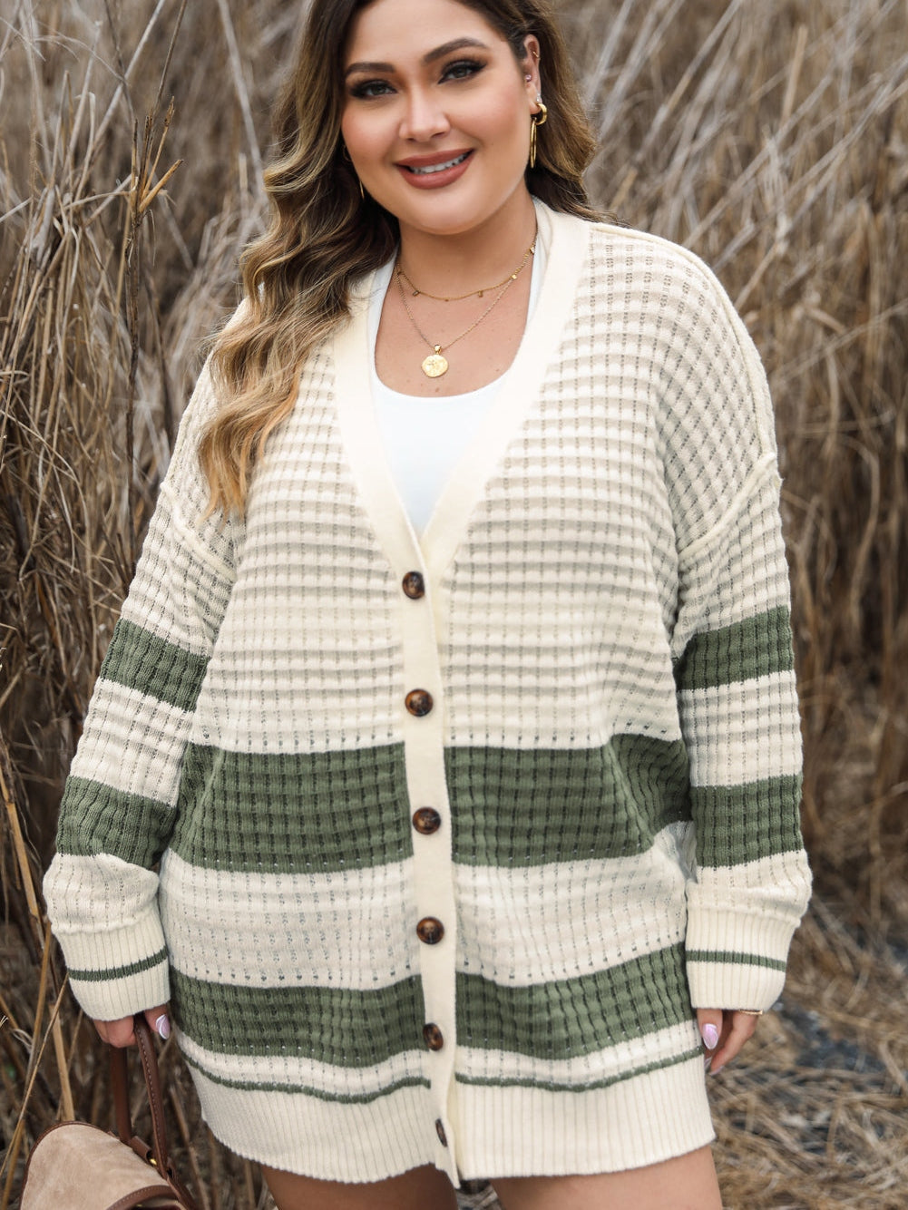 White Plus Size Color Block Cable Knit Buttoned Cardigan