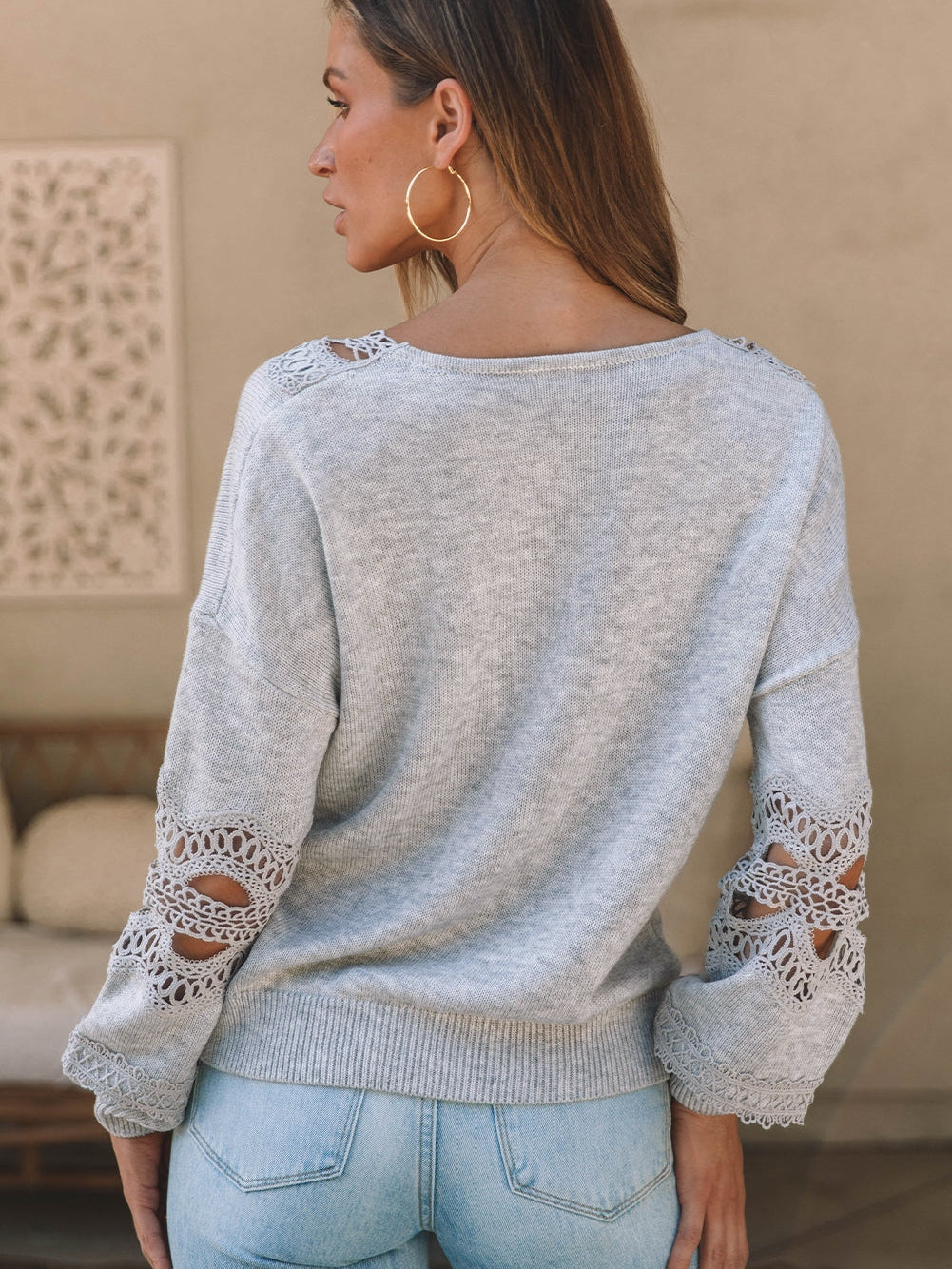Graceful Gray Knit Lace V-Neck Oversized Sweater
