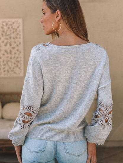 Graceful Gray Knit Lace V-Neck Oversized Sweater
