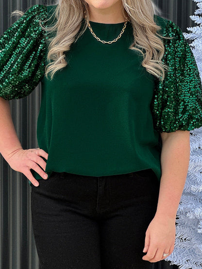 Blackish Green Plus Size Sequin Short Puff Sleeve Top