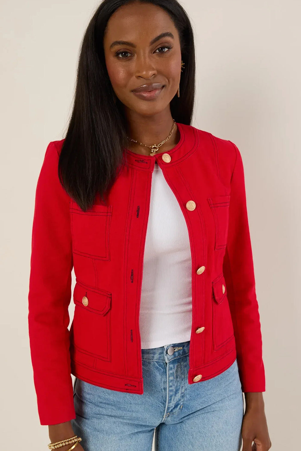 Fiery Red Patched Pocket Golden Buttons Tailored Jacket