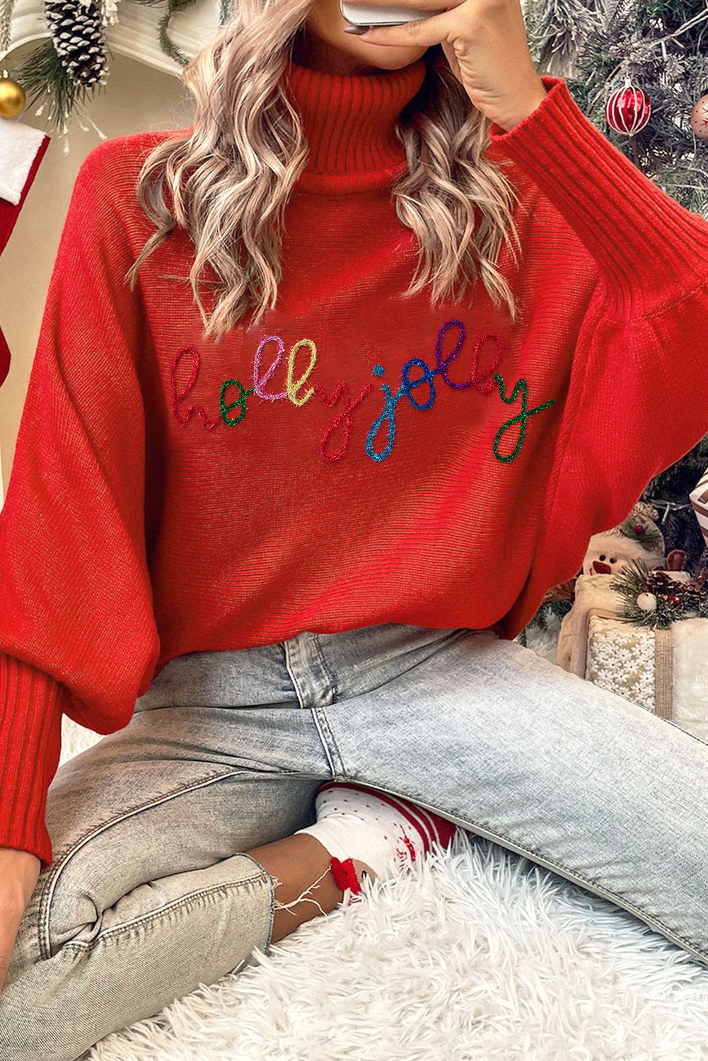 Festive Holly Jolly Red Tinsel Sweater - Winter Wonderland Style