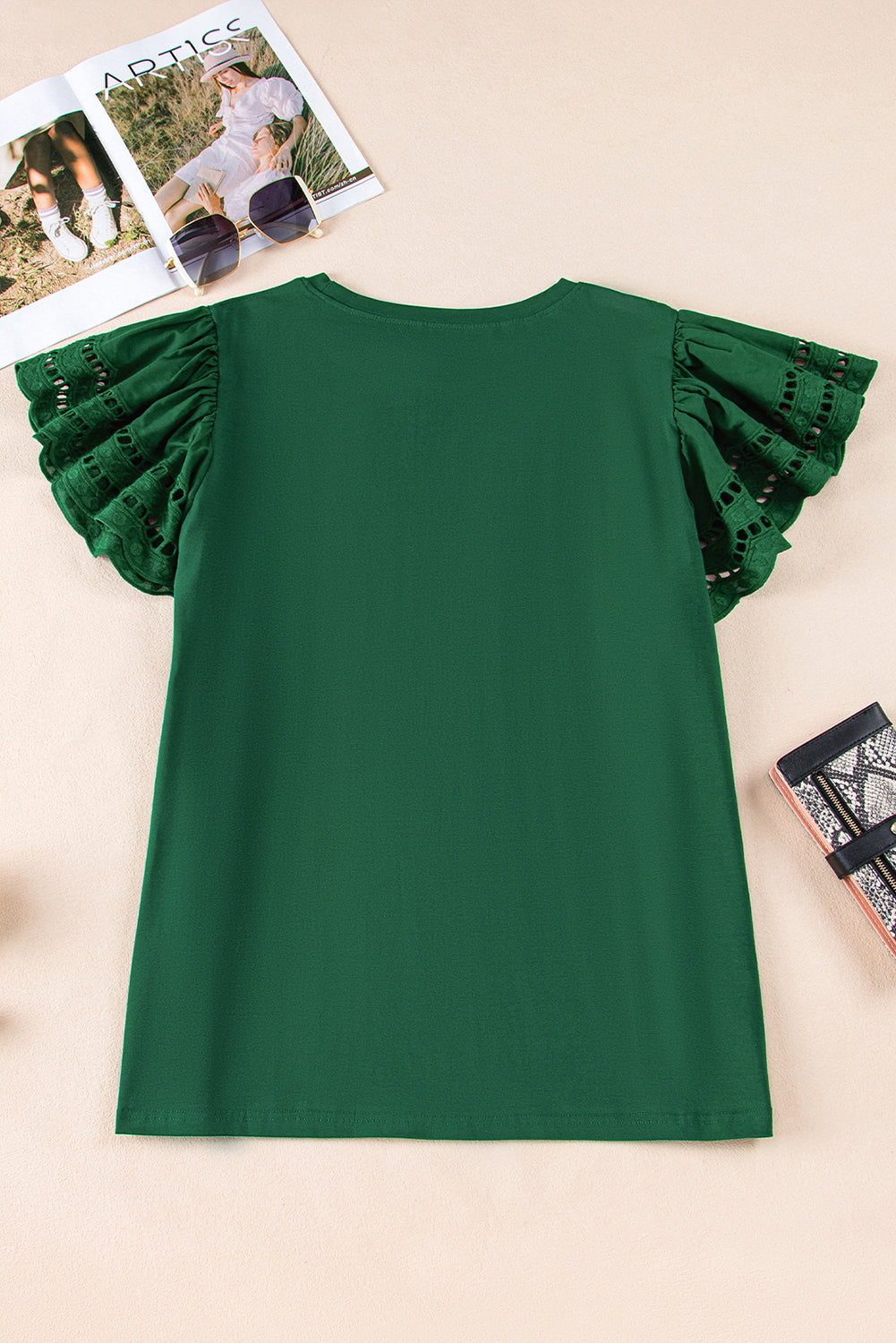 Green Eyelet Flutter Sleeve Plus Size Top