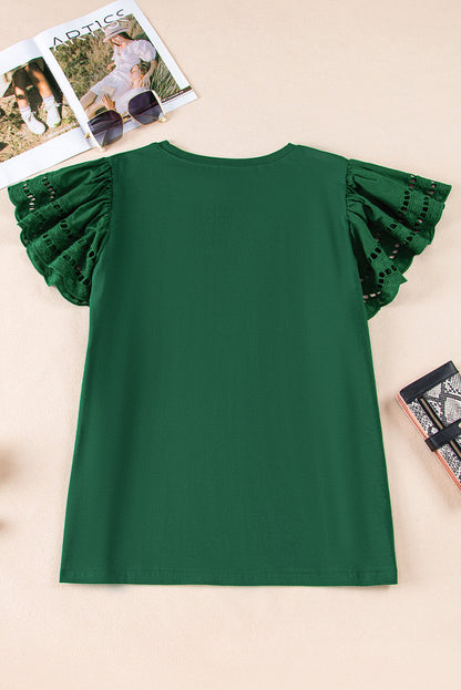 Green Eyelet Flutter Sleeve Plus Size Top