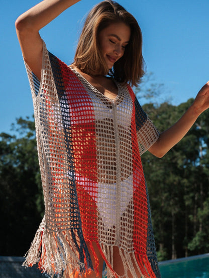 Beach Ready Striped Crochet Tassel Cover Up Dress