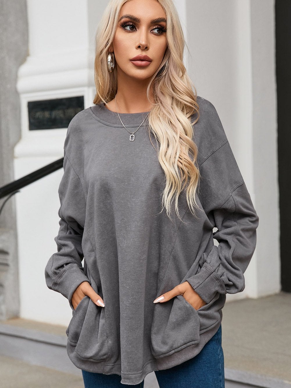 Exposed Seam Twist Gray Oversized Pullover with Open Back