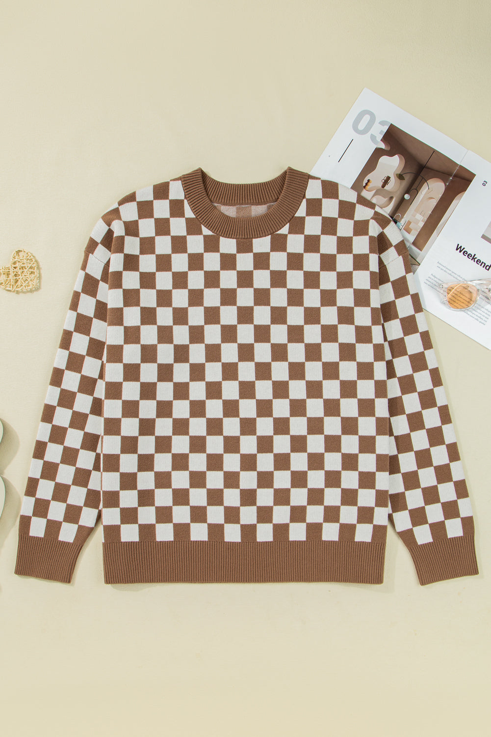 Brown Checkered Contrast Edge Crewneck Plus Size Sweater
