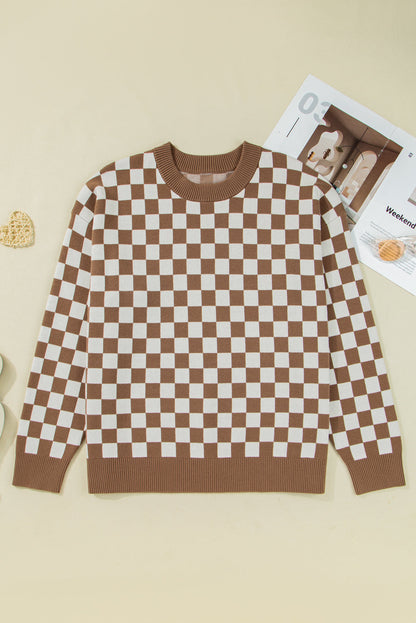Brown Checkered Contrast Edge Crewneck Plus Size Sweater