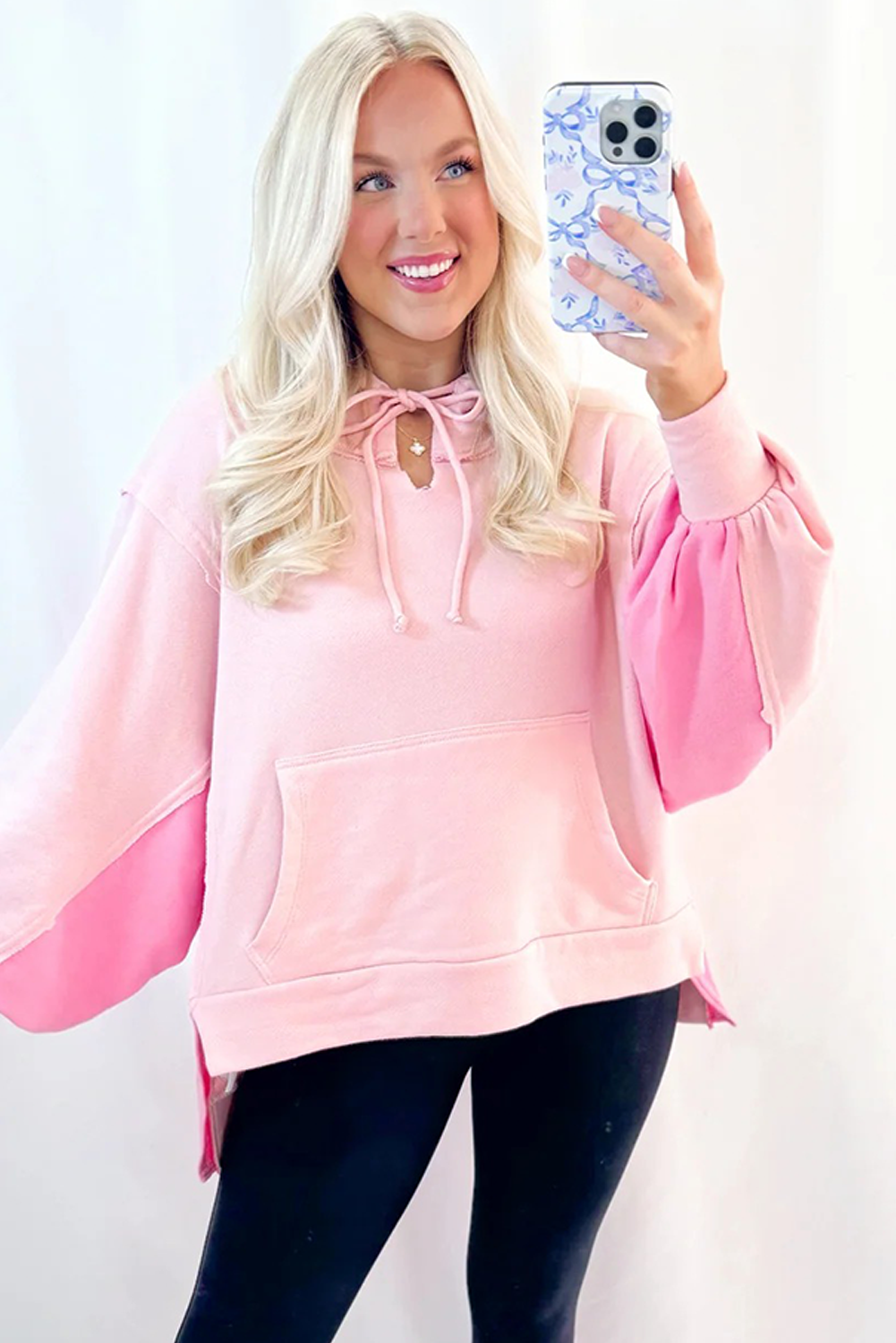 Light Pink Color Block Patchwork Balloon Sleeve Kangaroo Pouch High Low Hoodie