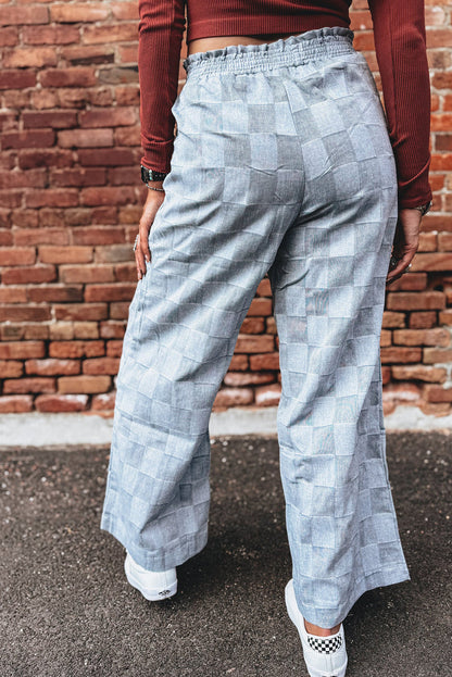 Sky Blue Frilled Elastic Waist Checkered Loose Denim Pants