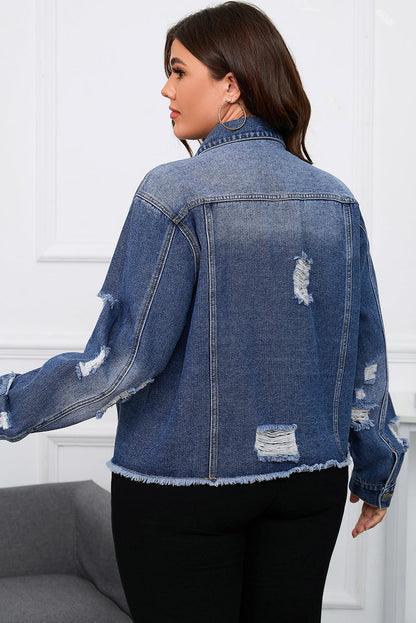 Stylish Plus Size Navy Distressed Denim Shacket