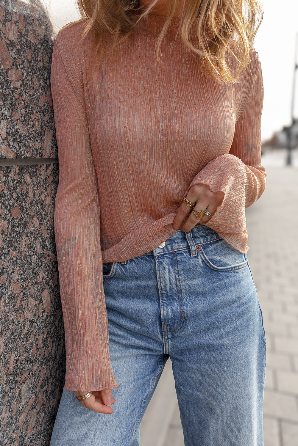 Clay Semi Sheer Textured Mock Neck Long Sleeve Top