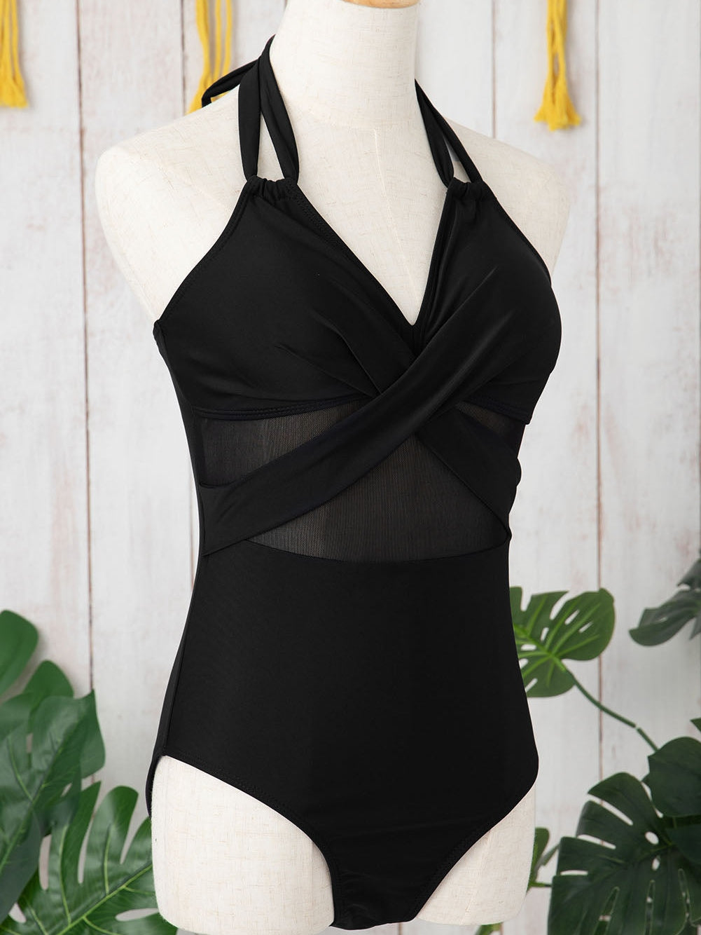 Black Mesh Crisscross Halter One-Piece Swimsuit with Sheer Inserts