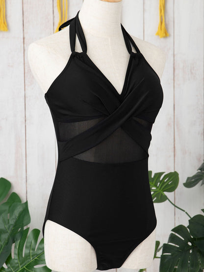 Black Mesh Crisscross Halter One-Piece Swimsuit with Sheer Inserts