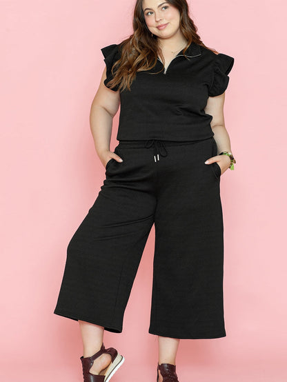 Chic Black Ruffle Sleeve Quarter Zip Top with Wide Leg Pants Set