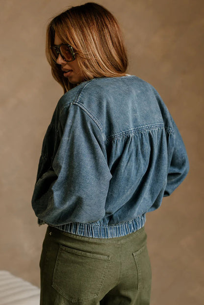 Real Teal Pleated Seam Detail Round Neck Zip Up Denim Jacket