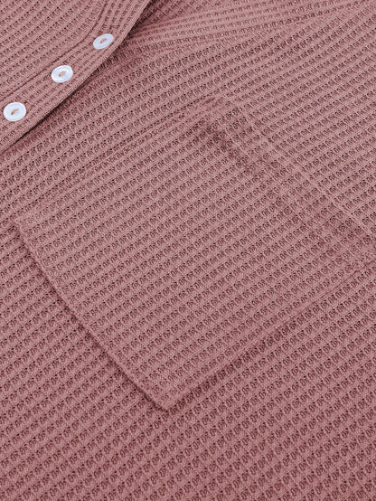 Fiery Red Oversized Waffle Knit Henley Hoodie with Drop Shoulder