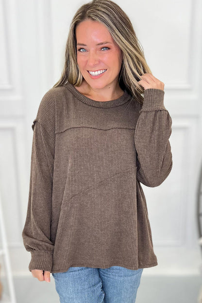 Dark Brown Exposed Seam Detail Ribbed Long Sleeve Top