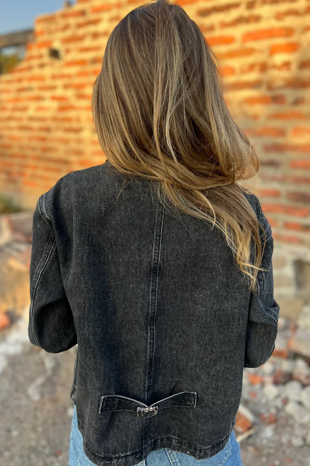 Black Corduroy Collar Zipped Front Denim Jacket