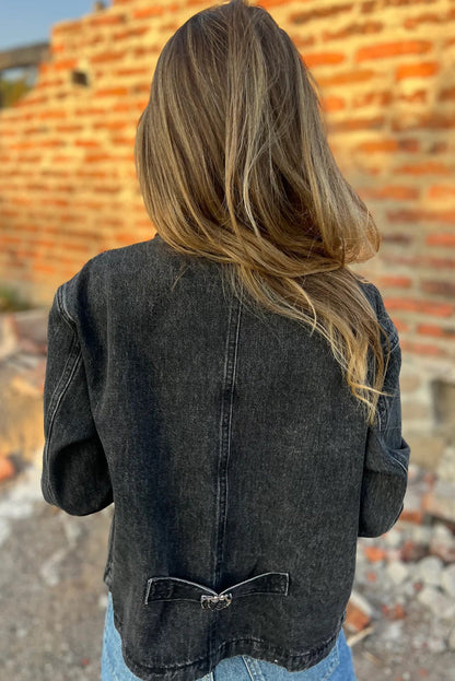 Black Corduroy Collar Zipped Front Denim Jacket