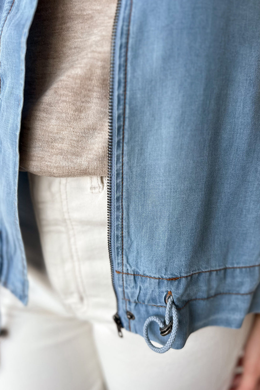 Dusk Blue Full Zipper Collared Drawstring Hem Tab Sleeve Denim Jacket