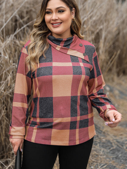 Mineral Red Geometric Print Plus Size Long Sleeve Collared Top