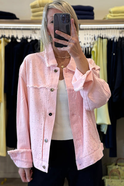 Light Pink Rhinestone Decor Raw Edge Loose Denim Jacket