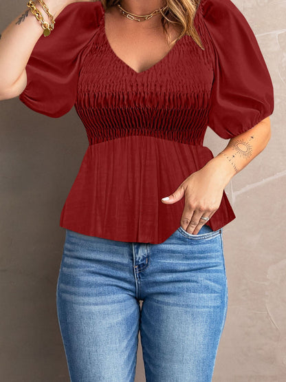 Fiery Crimson Smocked Peplum Blouse