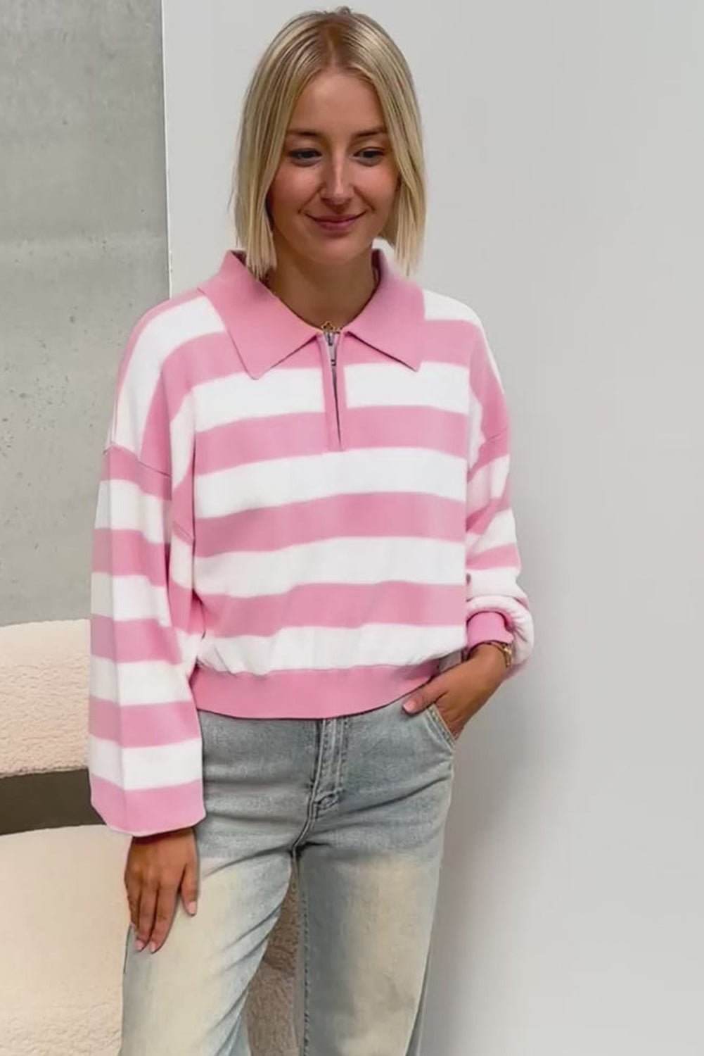 Pink Stripe Collar Zipped Drop Shoulder Casual Sweater