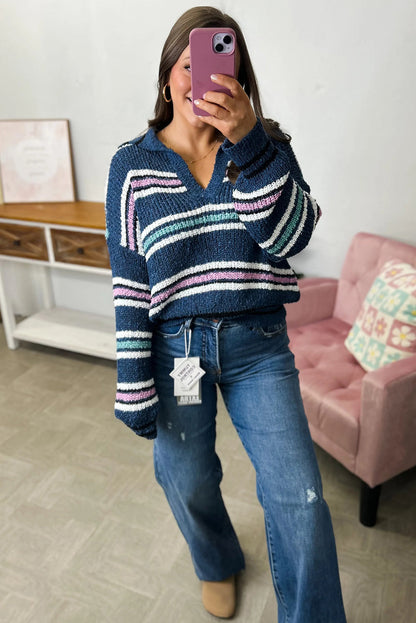 Blue Stripe Knit Polo Collar Baggy Sweater