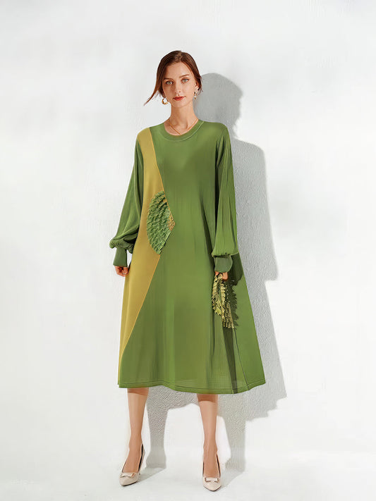 Midi Dresses - Round Neck Loose Slim Color Matching Midi Dress - MsDressly