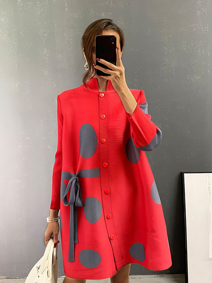 Mini Dresses - Pleated Polka Dot Tie Stand Collar Mini Dress - MsDressly