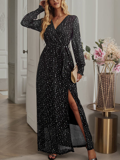 Maxi Dresses - Tie Waist Slit V Neck Long Sleeved Maxi Dress - MsDressly
