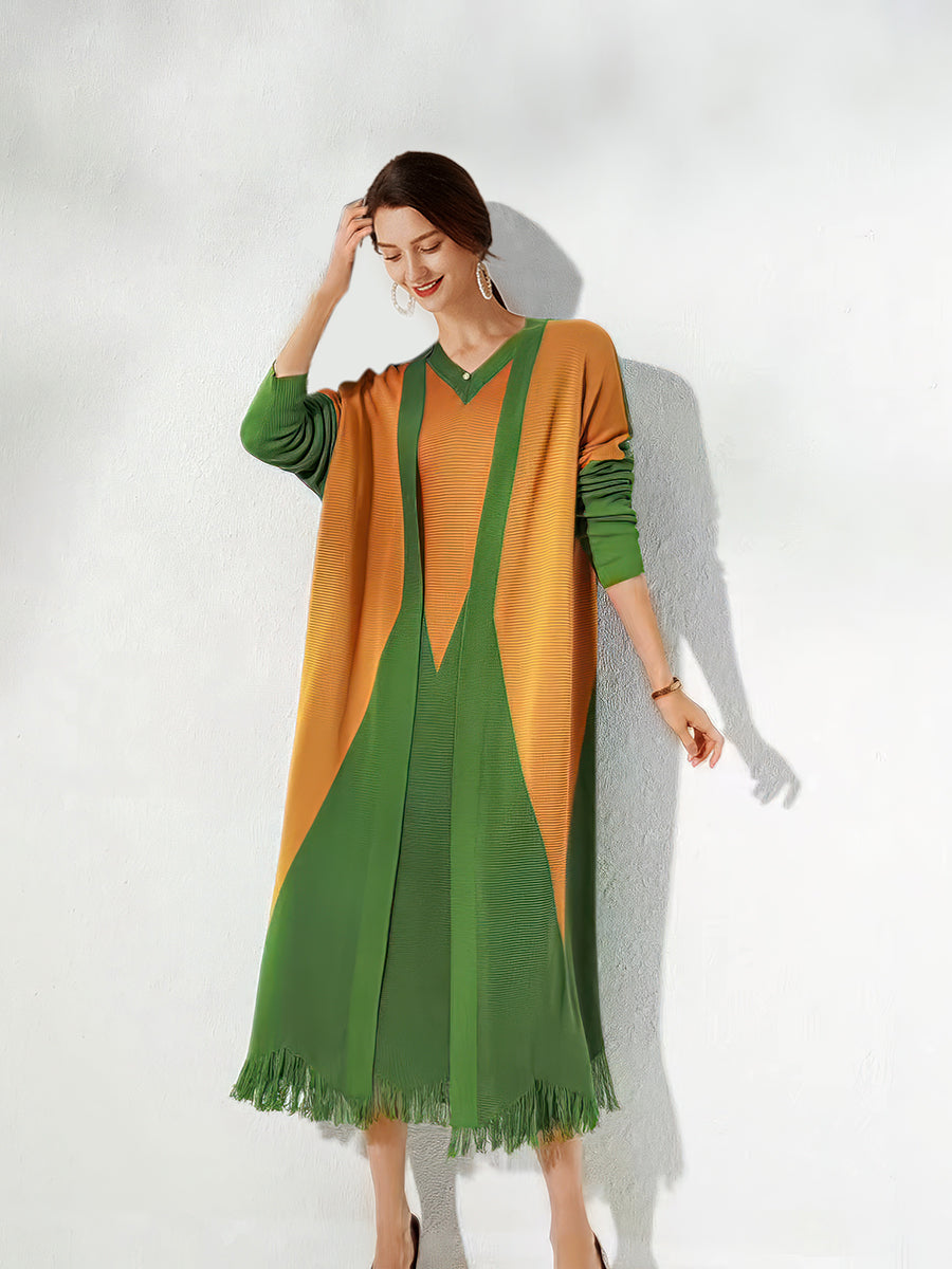 Midi Dresses - Loose Contrast Color Knitted Long Sleeve Elegant Midi Dress - MsDressly