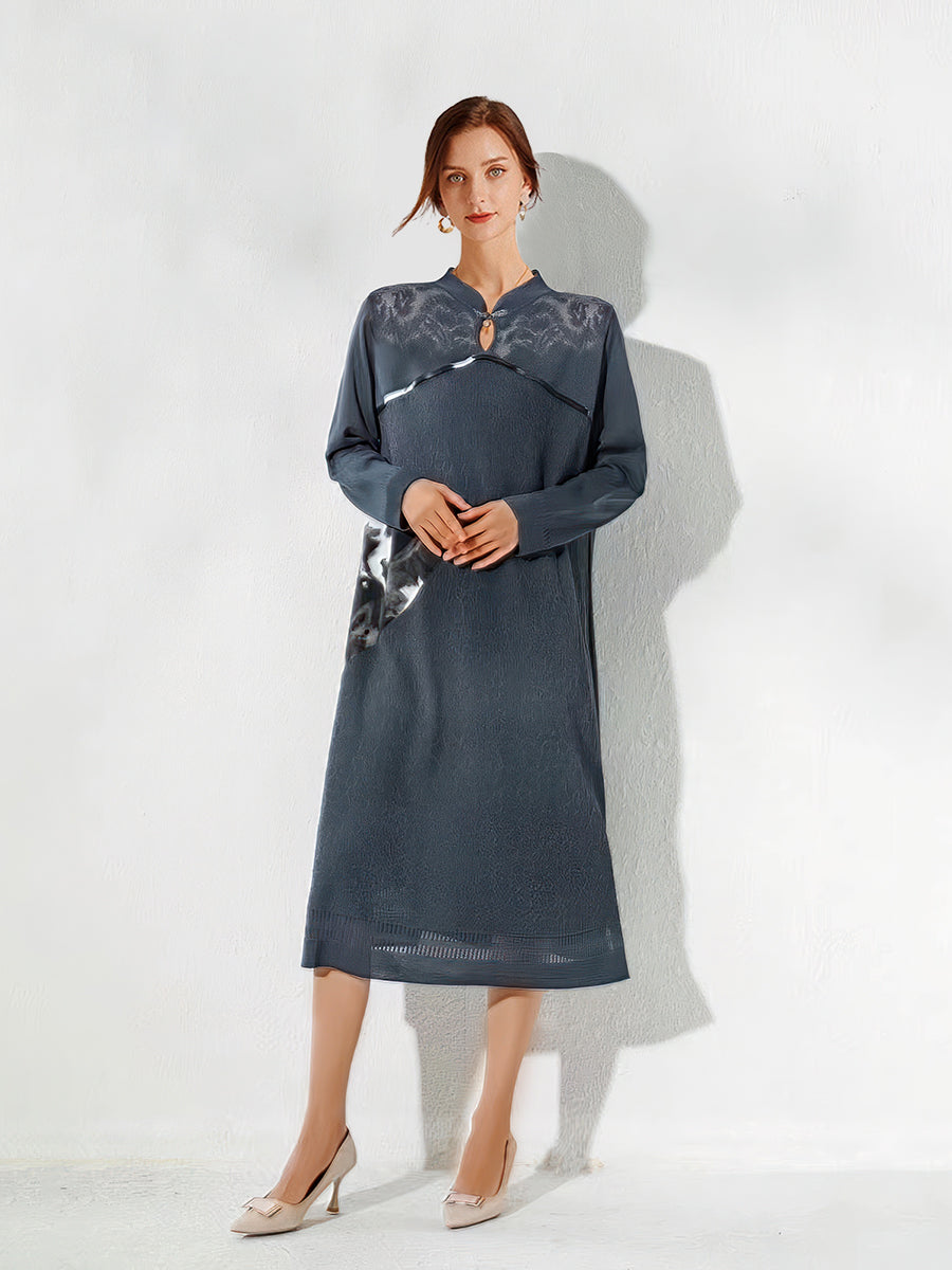 Stand Collar Elegant Stitching Long-sleeved Midi Dress