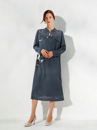 Stand Collar Elegant Stitching Long-sleeved Midi Dress