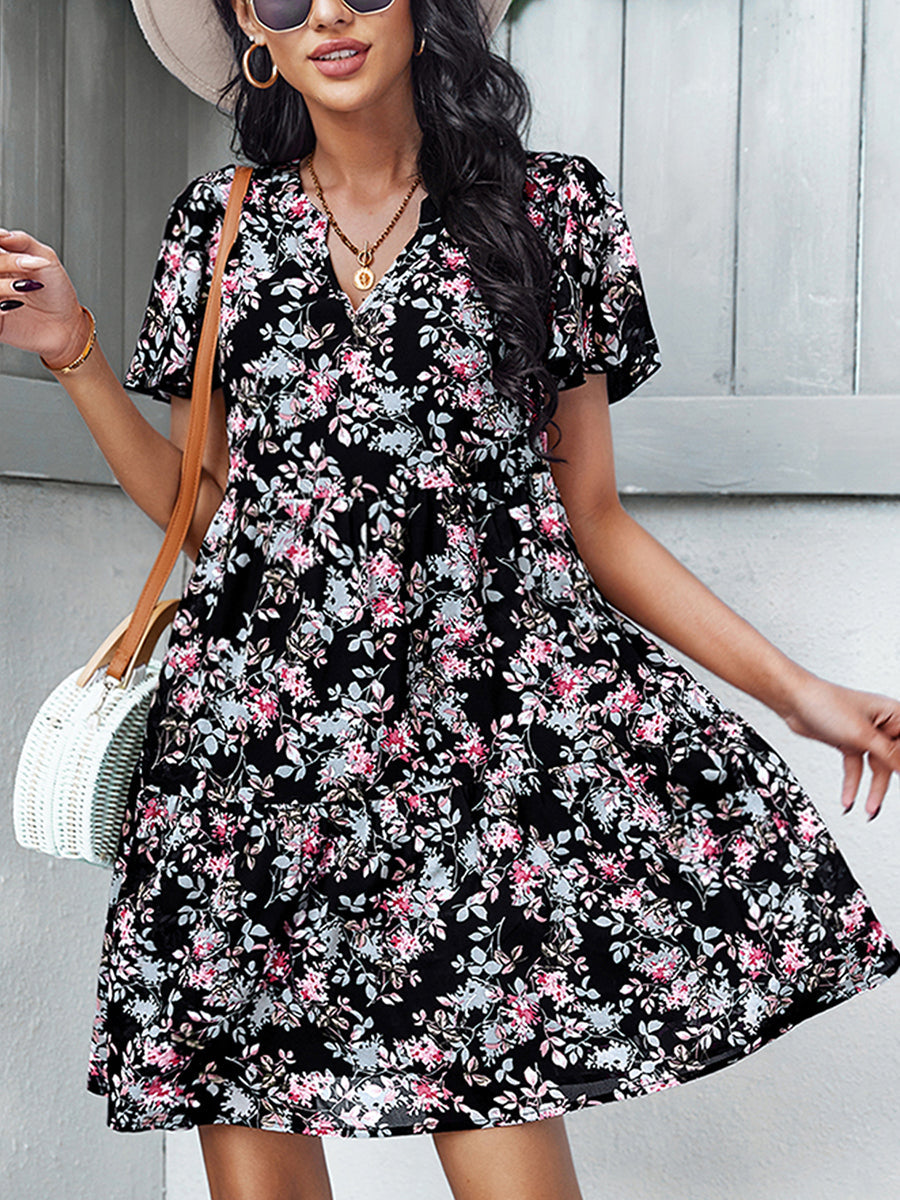 Mini Dresses - Temperament Fashion Print V Neck Mini Dress - MsDressly