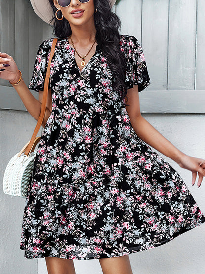 Mini Dresses - Temperament Fashion Print V Neck Mini Dress - MsDressly