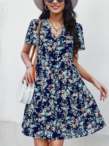 Mini Dresses - Temperament Fashion Print V Neck Mini Dress - MsDressly