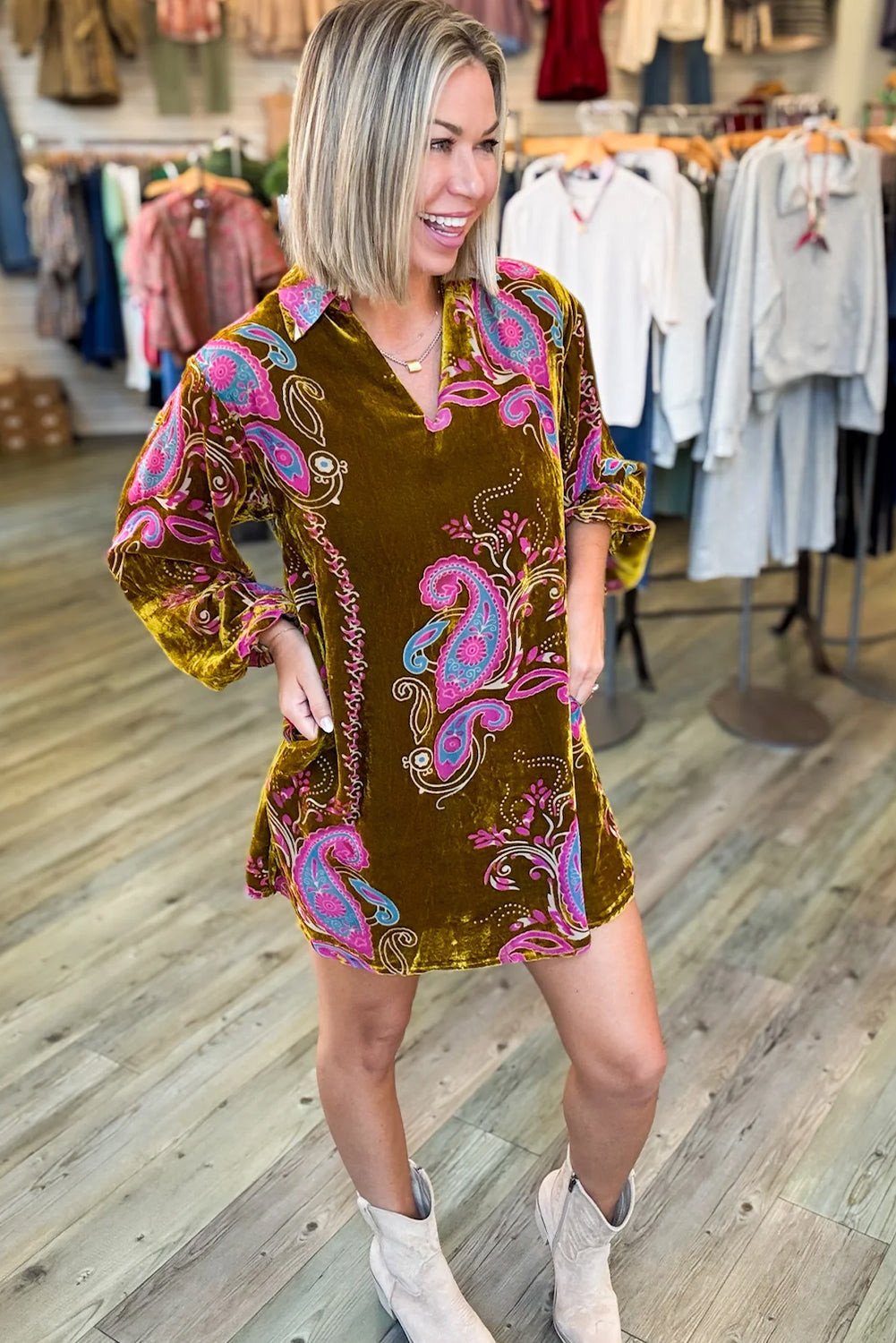 Khaki Boho Paisley Floral Print V Neck Long Sleeve Velvet Shift Mini Dress