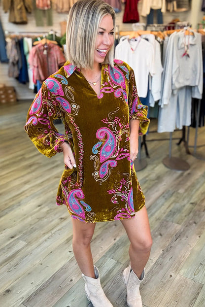 Khaki Boho Paisley Floral Print V Neck Long Sleeve Velvet Shift Mini Dress