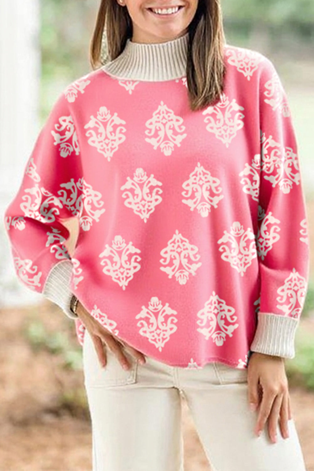 Pink Geometric Print Ribbed High Neck Cuffed Sweater