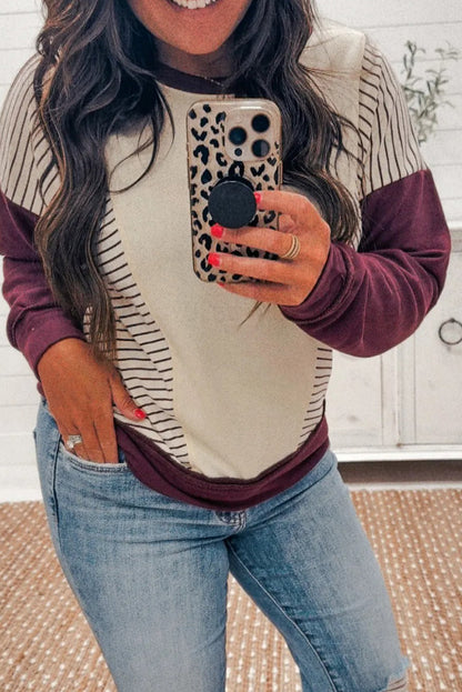 Burgundy Color Block Striped Patchwork Long Sleeve Top