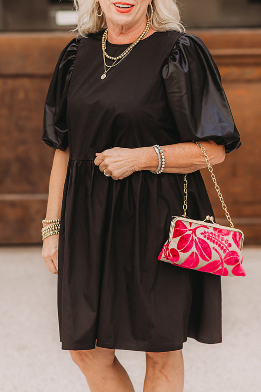 Curvy Black Swing Dress with Half Puff Sleeves