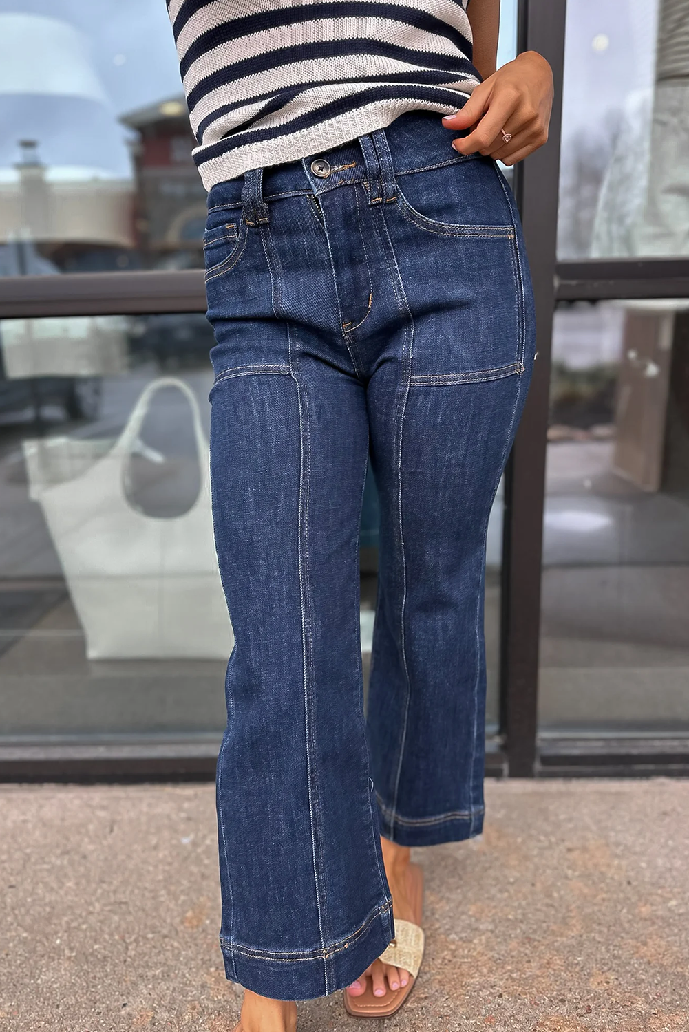 Dirty blue Contrast Seamed Straight Leg High Waist Jeans